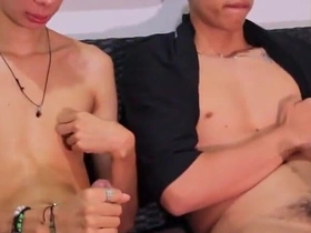 Two Straight Friends Jerking Their Big Cocks While Looking at Each Other Until They Cum